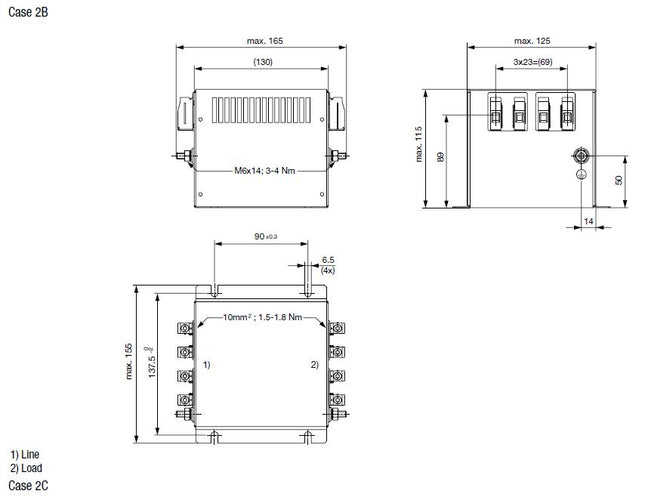 FMBD-B92B-2512, 2 Stage EMC (RFI) Line Filter for 3-phase 4 wire systems, 25 Amp, 520VAC
