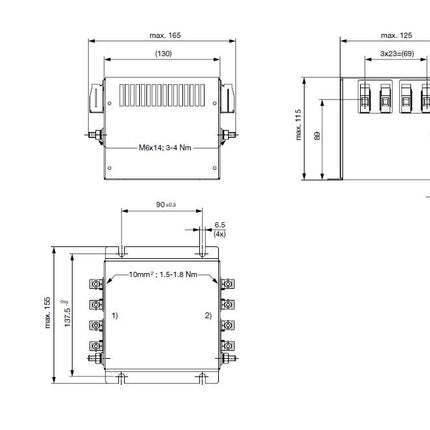 FMBD-B92B-3612, 2 Stage EMC (RFI) Line Filter for 3-phase 4 wire systems, 36 Amp, 520VAC