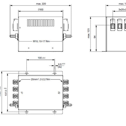 FMBD-B92C-6412, 2 Stage EMC (RFI) Line Filter for 3-phase 4 wire systems, 64 Amp, 520VAC