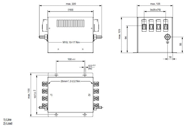 FMBD-B92C-6412, 2 Stage EMC (RFI) Line Filter for 3-phase 4 wire systems, 64 Amp, 520VAC