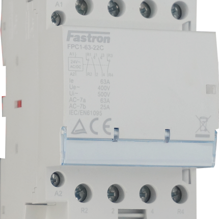 FPC1-63-22C-24VAC/DC, 4 Pole 2 x SPST NO, 2 x SPST NC Modular Contactor 440VAC 63 Amp 50/60Hz, 24VAC/DC Coil Voltage, Hum Free