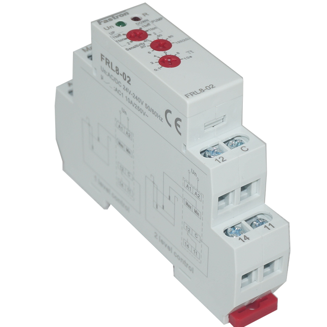 FRL8-01, Liquid Level Control Relay, 240VAC or 24VAC/DC Aux Supply 16 Amp changeover/SPDT, 2 Level Control