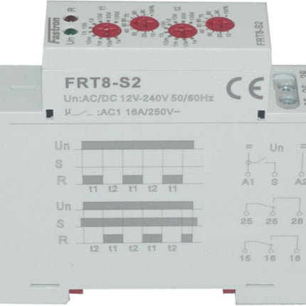FRT8-S2/W240, Asymmetric T1-T2 Timer 12-240 V AC/DC, 0.1s - 100 Days, 2 x SPDT 16 Amp-Timer-Fastron Electronics-Fastron Electronics Store