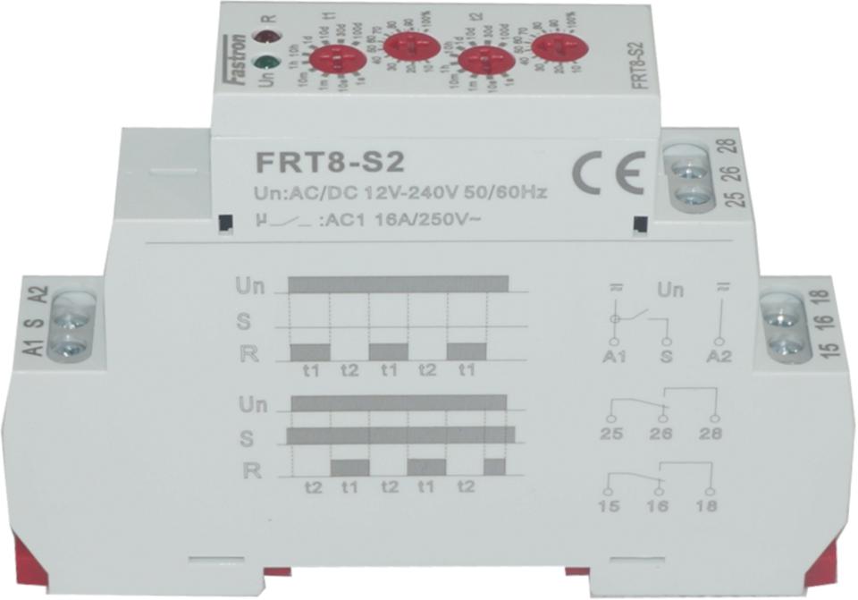 FRT8-S2/W240, Asymmetric T1-T2 Timer 12-240 V AC/DC, 0.1s - 100 Days, 2 x SPDT 16 Amp-Timer-Fastron Electronics-Fastron Electronics Store