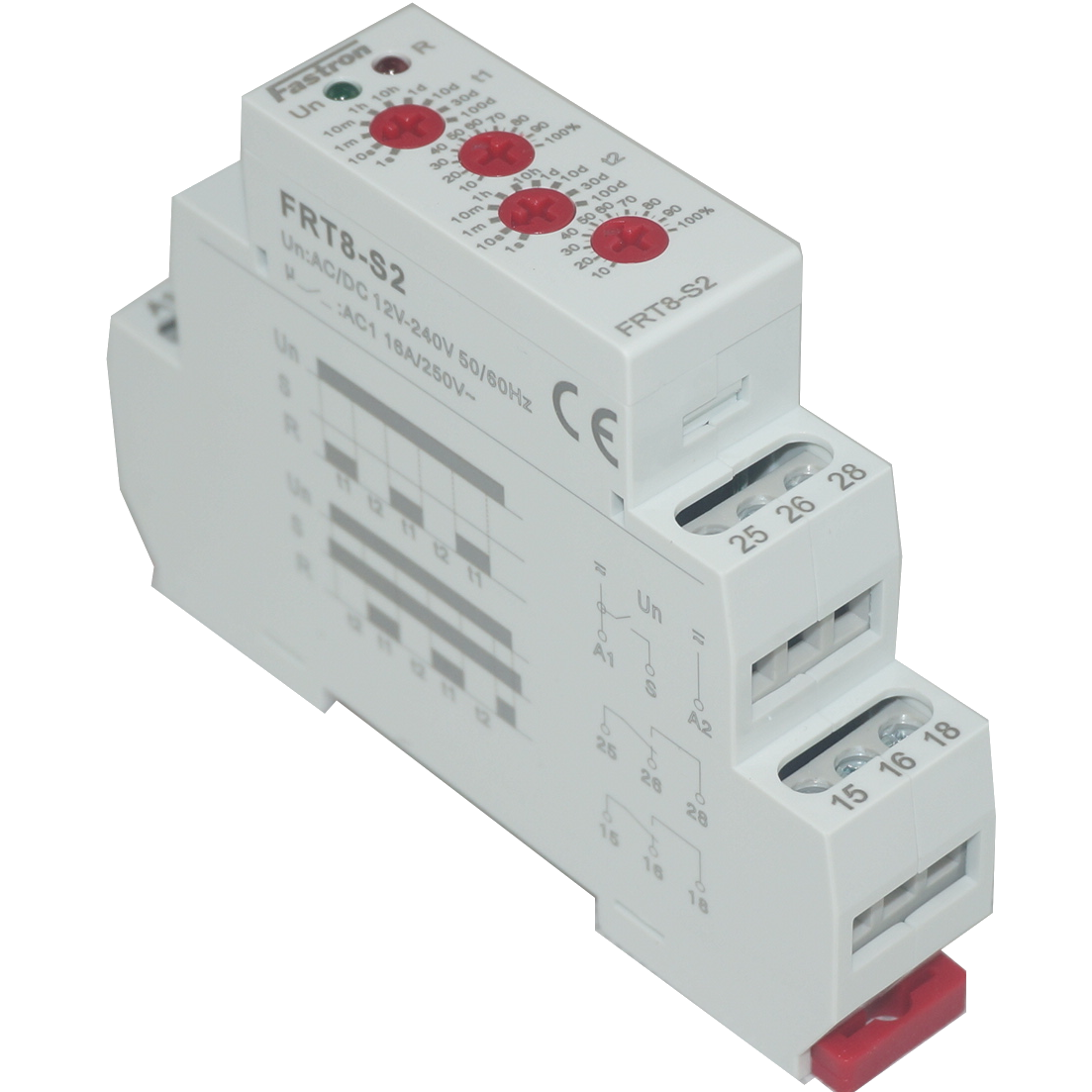 FRT8-S2/W240, Asymmetric T1-T2 Timer 12-240 V AC/DC, 0.1s - 100 Days, 2 x SPDT 16 Amp, Can Replace Crouzet 88826155, 88827155