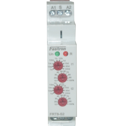 FRT8-S2/W240, Asymmetric T1-T2 Timer 12-240 V AC/DC, 0.1s - 100 Days, 2 x SPDT 16 Amp, Can Replace Crouzet 88826155, 88827155