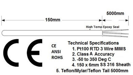 FRTD-6-150-5000-ES, RTD, Class A 150 x 6mm Probe, 316 Stainless Steel, Bare High Temp Epoxy Seal, w/ 5000mm Teflon/Screen/Teflon, -50 to 200 Deg C