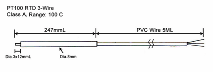 FRTD-8-247-3-12-5000PVC, Class A 247 x 8mm Probe, 12 x 3mm Tip, 304 Stainless Steel w/ 5000mm PVC Tails, -50 to 100 Deg C