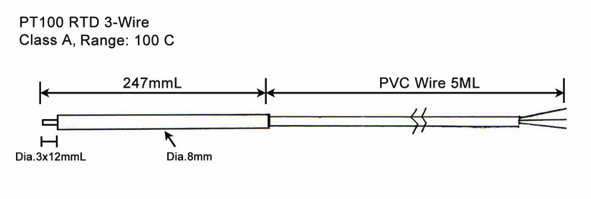 FRTD-8-247-3-12-5000PVC, Class A 247 x 8mm Probe, 12 x 3mm Tip, 304 Stainless Steel w/ 5000mm PVC Tails, -50 to 100 Deg C