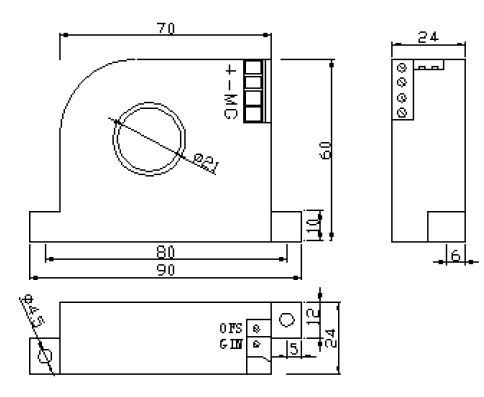 FTA-020-010-24, DC Current Transducer, +/-20 Amp , +/-10VDC Output, 24VDC supply, 21mm Aperture