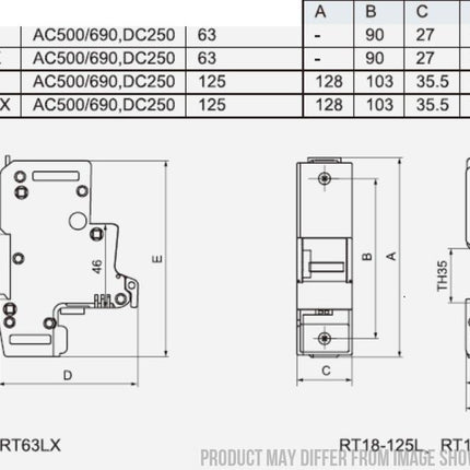 RT18-63L, Quick Release Fuse Holder/Cartridge for 25 to 63 Amp 14 x 51mm Fuse