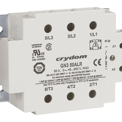 GN350DSZ, SSR 3 Phase 4-32VDC Control, 50A, 48-530VAC Load, LED Status Indicator, IP20 Cover