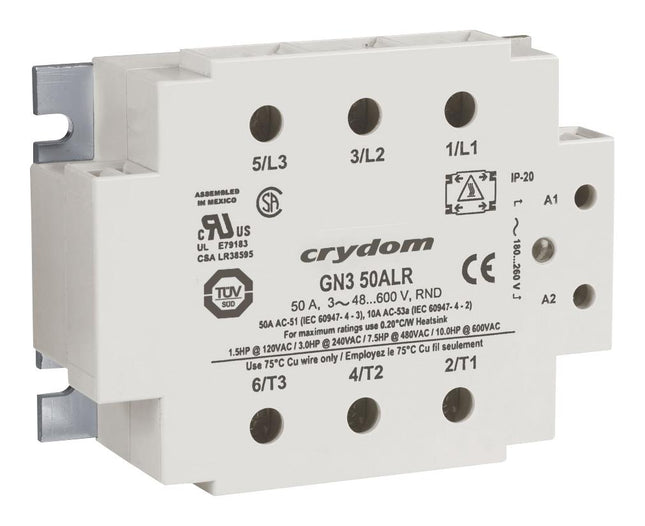 GN350DSZ, SSR 3 Phase 4-32VDC Control, 50A, 48-530VAC Load, LED Status Indicator, IP20 Cover