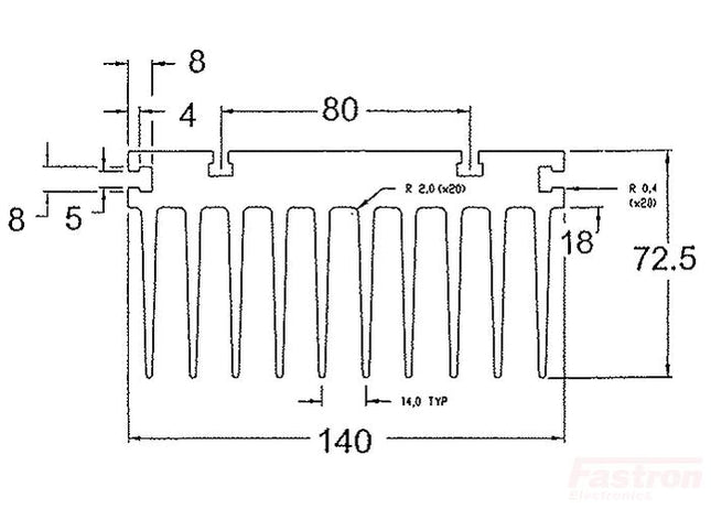Fastron Electronics Heatsink H7/120R, Heatsink 140mm x 72.5mm x 120mm with 80mm Top Rails, Side Rails. 0.7 Deg C per Wat FE-H7/120R