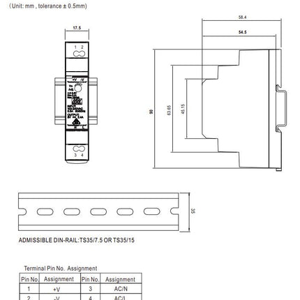 HDR-15-5, Universal Din Rail Mount Power Supply, 85-264VAC or 120-370VDC input, 5VDC @ 2.4A output