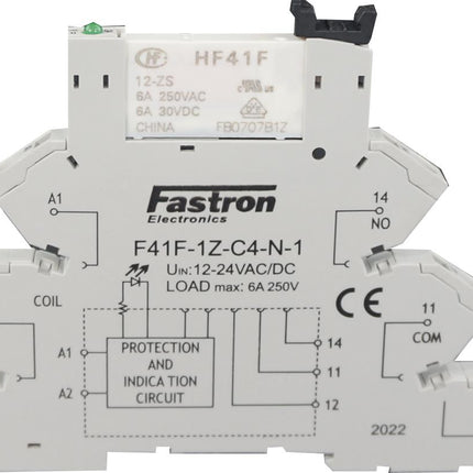 F41F-1Z-C4-1-12VDC, Slim Relay & Socket with Spring Terminals 24VDC Coil, 6 Amp @ 30VDC/250VAC