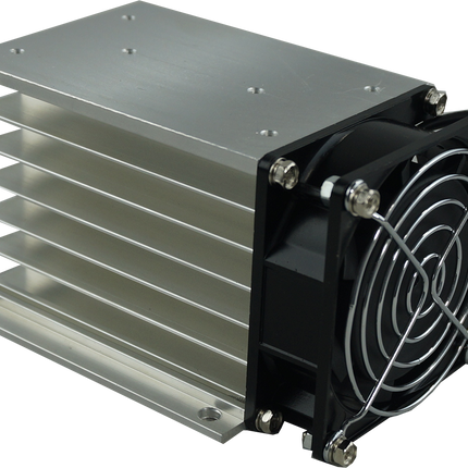 HS212F, Fan Cooled Heatsink 110mm, Milled, Drilled and Tapped for 3 Phase & Single Phase SSR, 0.35°C/W, 36 Amp per phase @ 40 Deg C for 3 Phase SSR