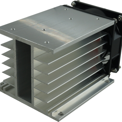 HS212F, Fan Cooled Heatsink 110mm, Milled, Drilled and Tapped for 3 Phase & Single Phase SSR, 0.35°C/W, 36 Amp per phase @ 40 Deg C for 3 Phase SSR