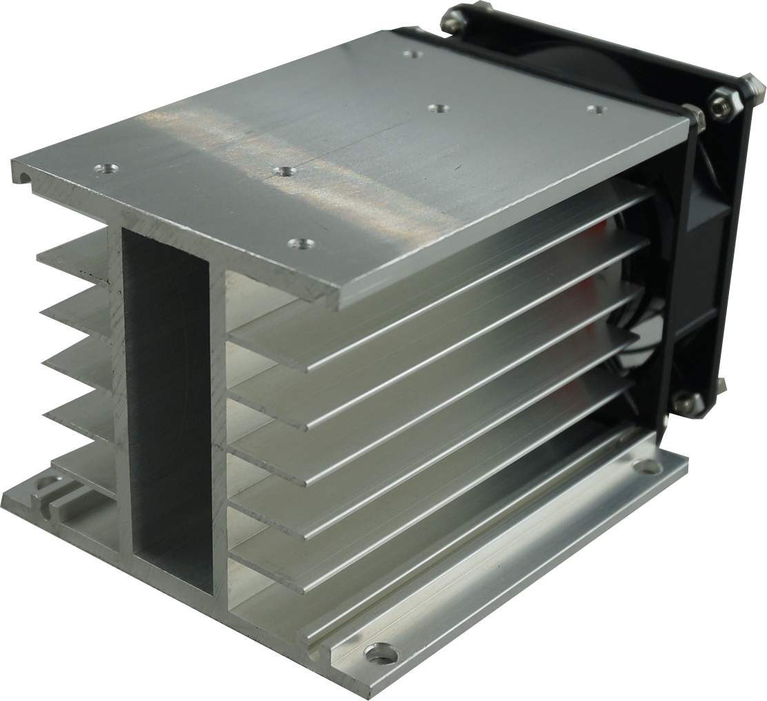 HS212F, Fan Cooled Heatsink 110mm, Milled, Drilled and Tapped for 3 Phase SSR, 0.35°C/W, 36 Amp per phase @ 40 Deg C for 3 Phase SSR