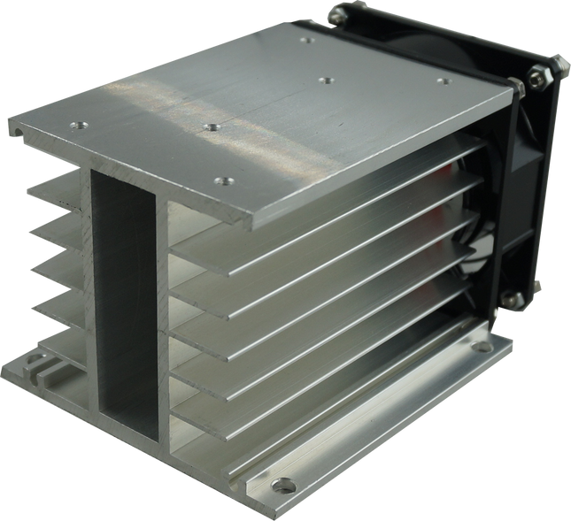 HS212F, Fan Cooled Heatsink 110mm, Milled, Drilled and Tapped for 3 Phase & Single Phase SSR, 0.35°C/W, 36 Amp per phase @ 40 Deg C for 3 Phase SSR