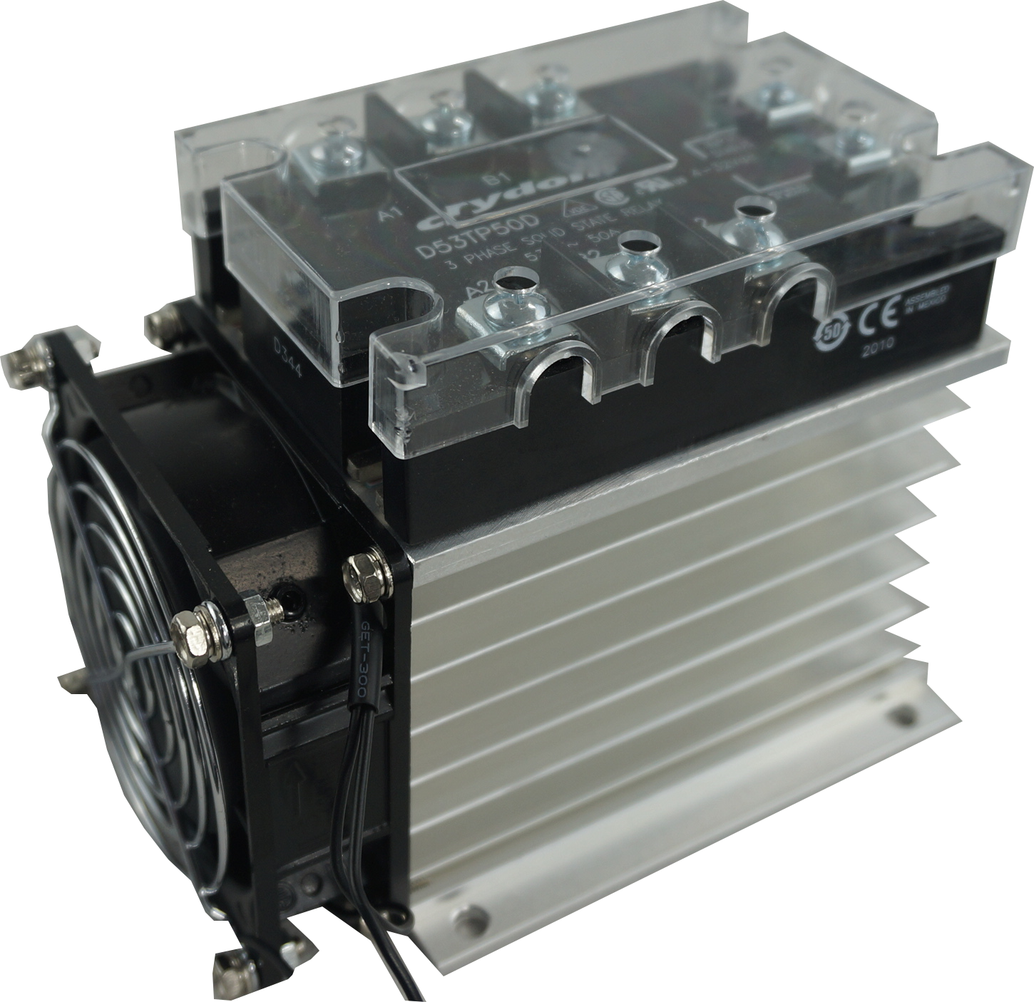 A53TP50D + HS212F, Solid State Relay, and Heatsink Assembly, 3 Phase 90-280VAC Control, 36 Amp per phase @ 40 Deg C, 48-530VAC Load, LED Status Indicator