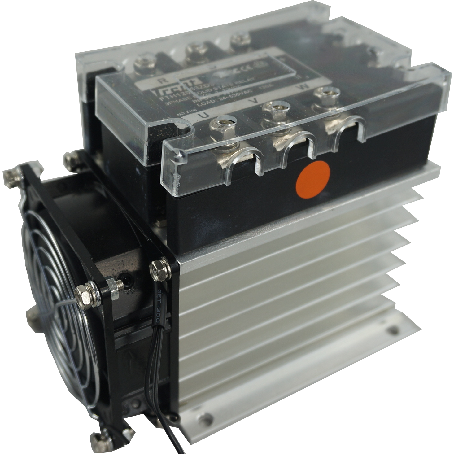 FTH6053ZD3 + HS212F, Solid State Relay, and Heatsink Assembly, 3 Phase 3-32VDC Control, 36 Amp per phase @ 40 Deg C, 48-530VAC Load, LED Status Indicator, with IP20 Cover
