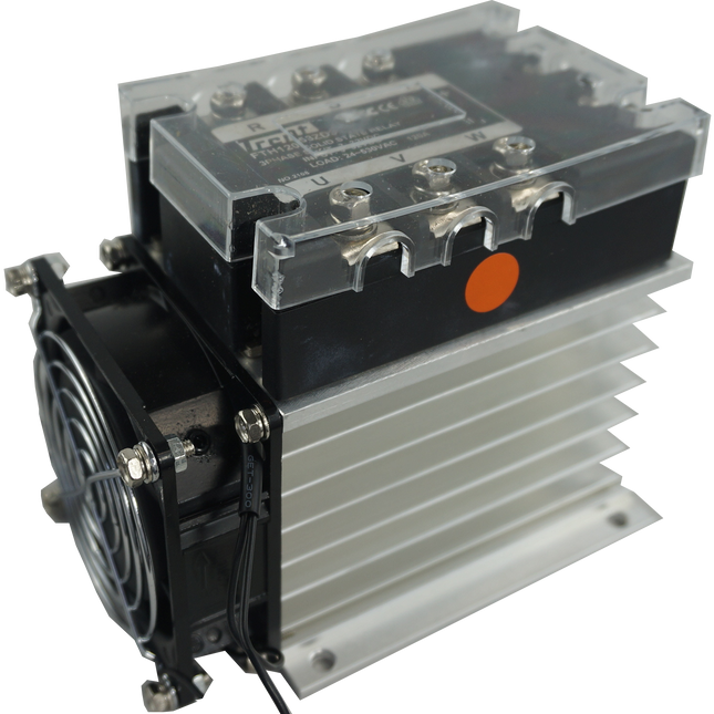 FTH6053ZA4 + HS212DR-F, Solid State Relay, and Heatsink Assembly, 3 Phase 90-280VAC Control, 36 Amp per phase @ 40 Deg C, 48-530VAC Load, LED Status Indicator, with IP20 Cover