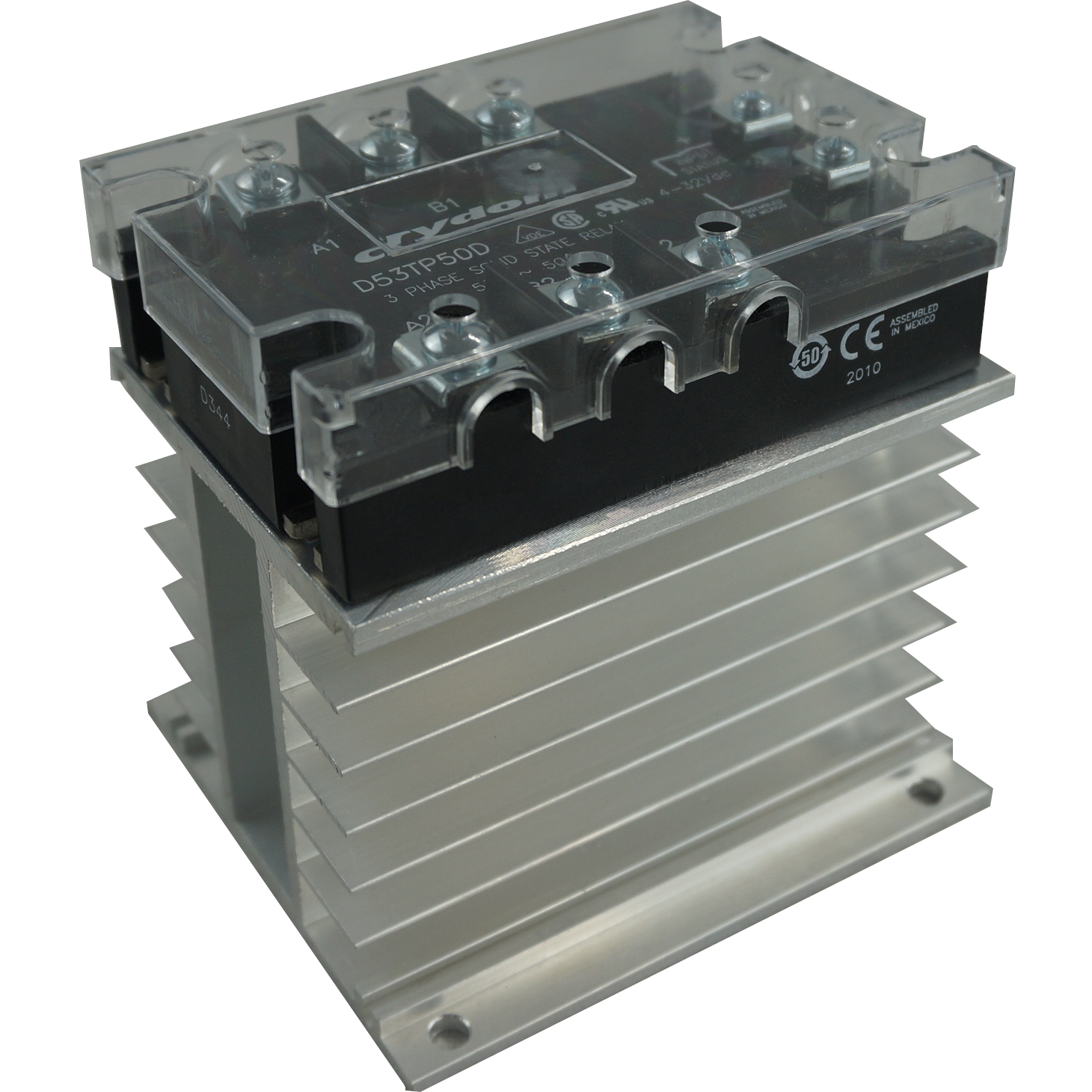 A53TP50D + HS212DR, Solid State Relay, and Heatsink Assembly, 3 Phase 90-280VAC Control, 20 Amp per phase @ 40 Deg C, 48-530VAC Load, LED Status Indicator