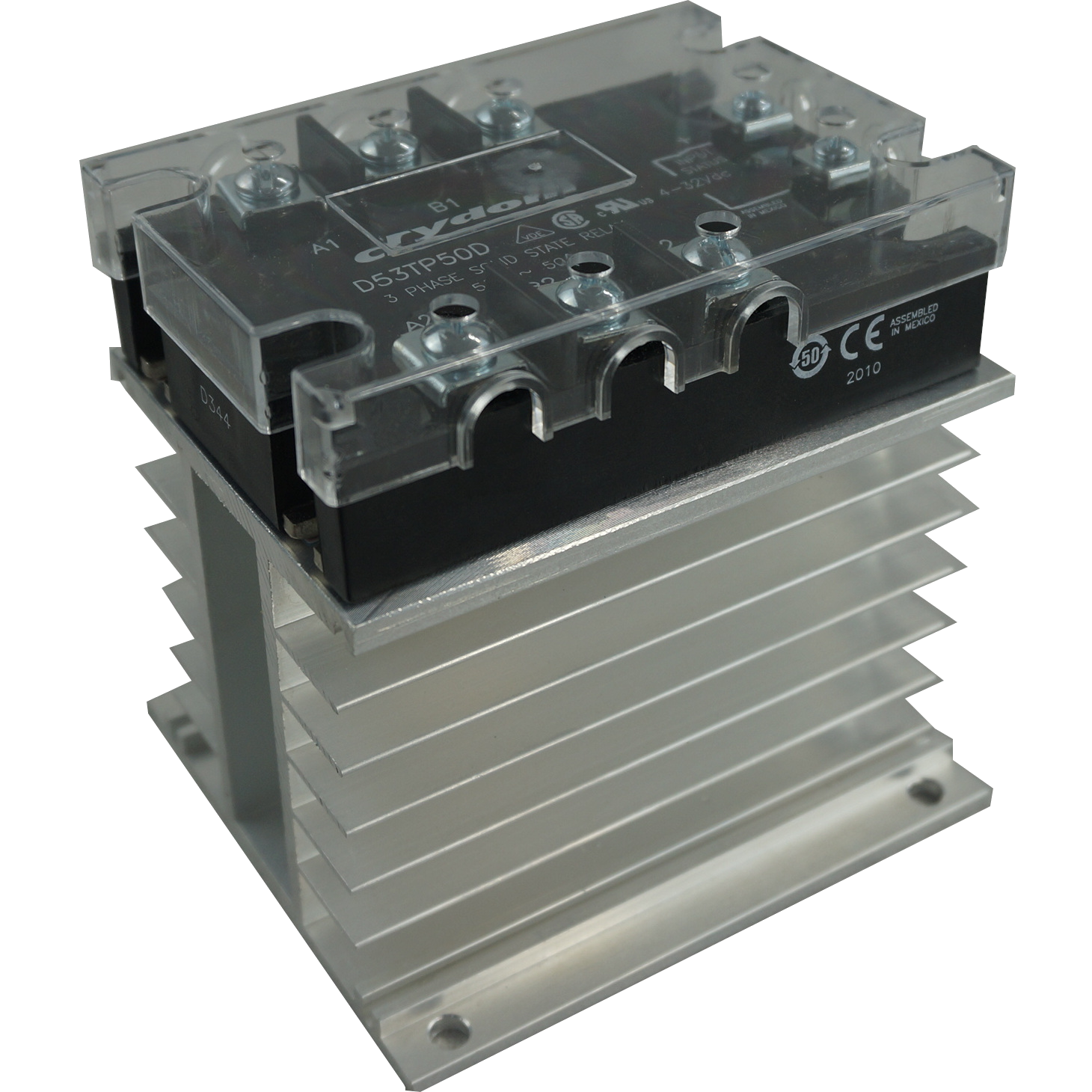 D53TP50D + HS212, Solid State Relay, and Heatsink Assembly, 3 Phase 4-32VDC Control, 20 Amp per phase @ 40 Deg C, 48-530VAC Load, LED Status Indicator