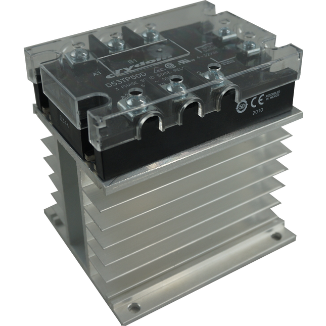 A53TP50D + HS212, Solid State Relay, and Heatsink Assembly, 3 Phase 90-280VAC Control, 20 Amp per phase @ 40 Deg C, 48-530VAC Load, LED Status Indicator