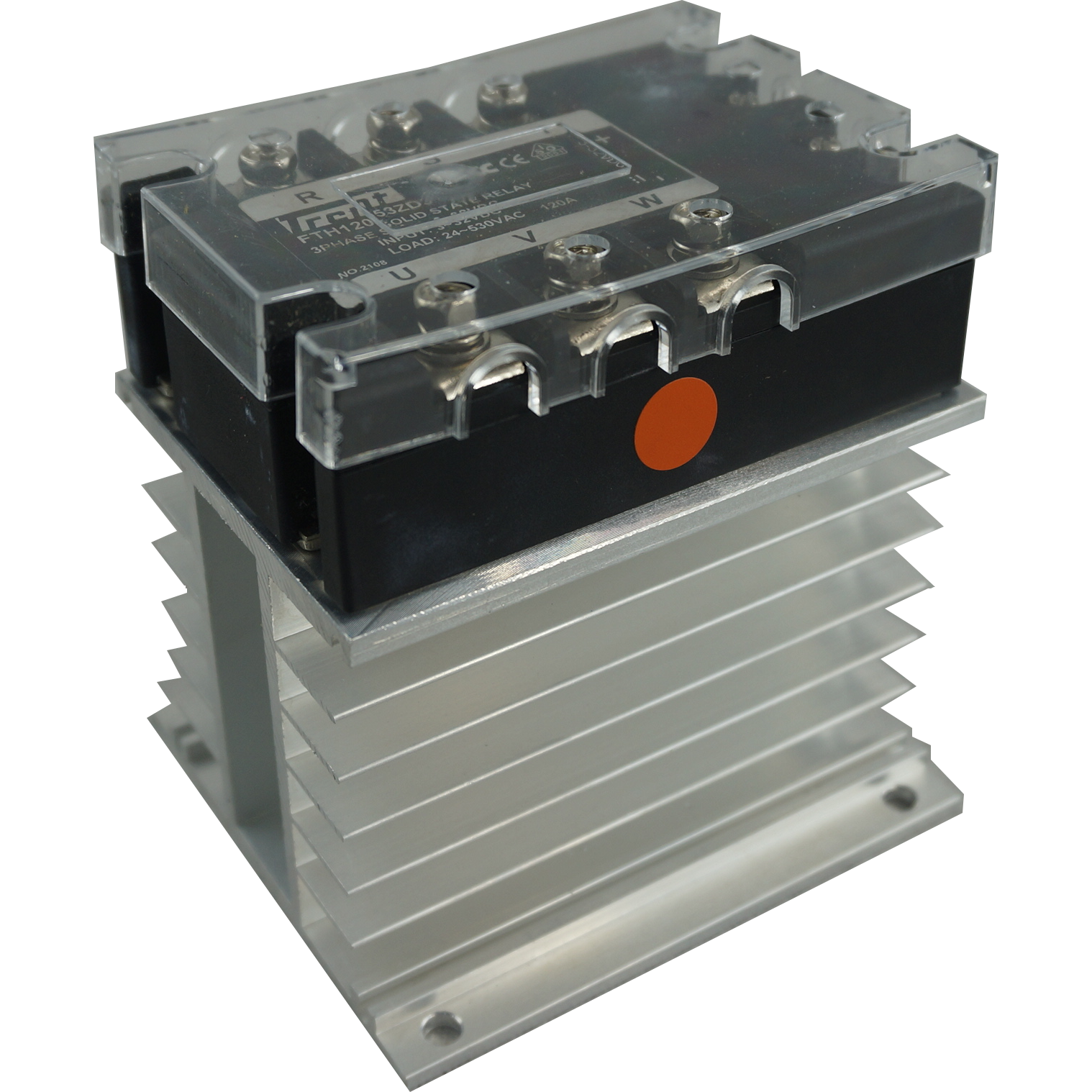 FTH2553ZD3 + HS212, Solid State Relay, and Heatsink Assembly, 3 Phase 4-32VDC Control, 20 Amp per phase @ 40 Deg C, 48-530VAC Load, LED Status Indicator, with IP20 Cover