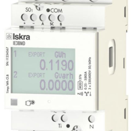 IE38MD, kWh Sub Meter, 230/400VAC +20/-15%, Three or Single Phase, 80 Amp Direct Connect, Dual Tariff, NFC, RS485 & IR Comms, Pulse Output, DIN Rail Mount