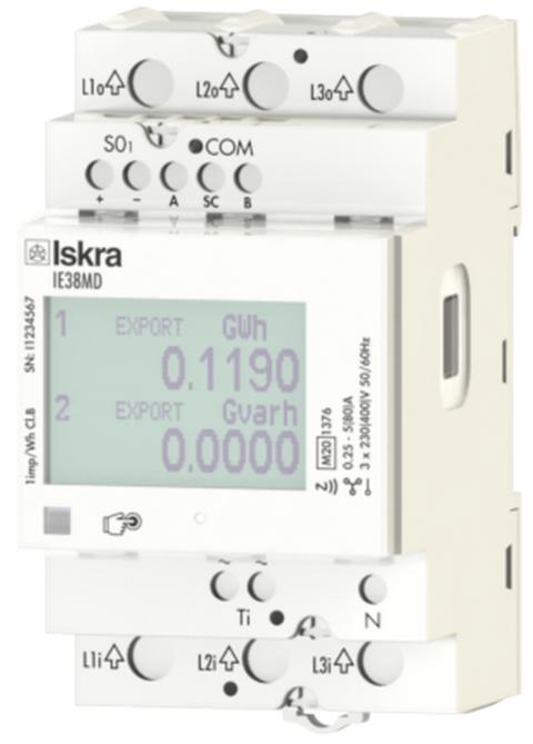 IE38MD, kWh Sub Meter, 230/400VAC +20/-15%, Three or Single Phase, 80 Amp Direct Connect, Dual Tariff, NFC, RS485 & IR Comms, Pulse Output, DIN Rail Mount