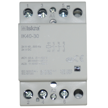 IK40-30-24VAC/DC, 3 Pole 3 x SPST NO, Modular Contactor 440VAC 40 Amp, 24VAC/DC 40-500Hz Control Voltage, Hum Free