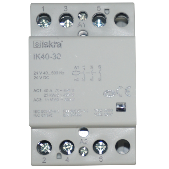 IK40-30-24VAC/DC, 3 Pole 3 x SPST NO, Modular Contactor 440VAC 40 Amp, 24VAC/DC 40-500Hz Control Voltage, Hum Free