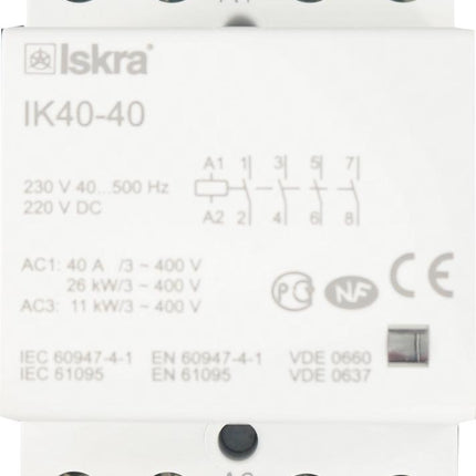 IK40-40-230VAC, 4 Pole 4 x SPST NO, Modular Contactor 440VAC 40 Amp, 230VAC/220VDC 40-500Hz Control Voltage, Hum Free
