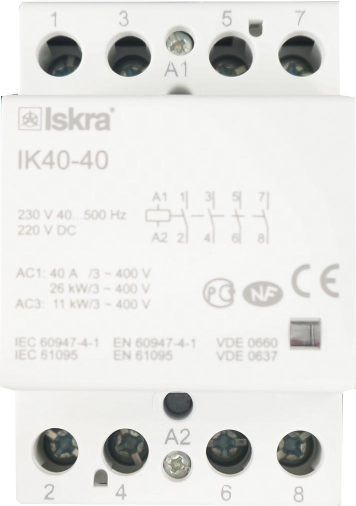 IK40-40-230VAC, 4 Pole 4 x SPST NO, Modular Contactor 440VAC 40 Amp, 230VAC/220VDC 40-500Hz Control Voltage, Hum Free