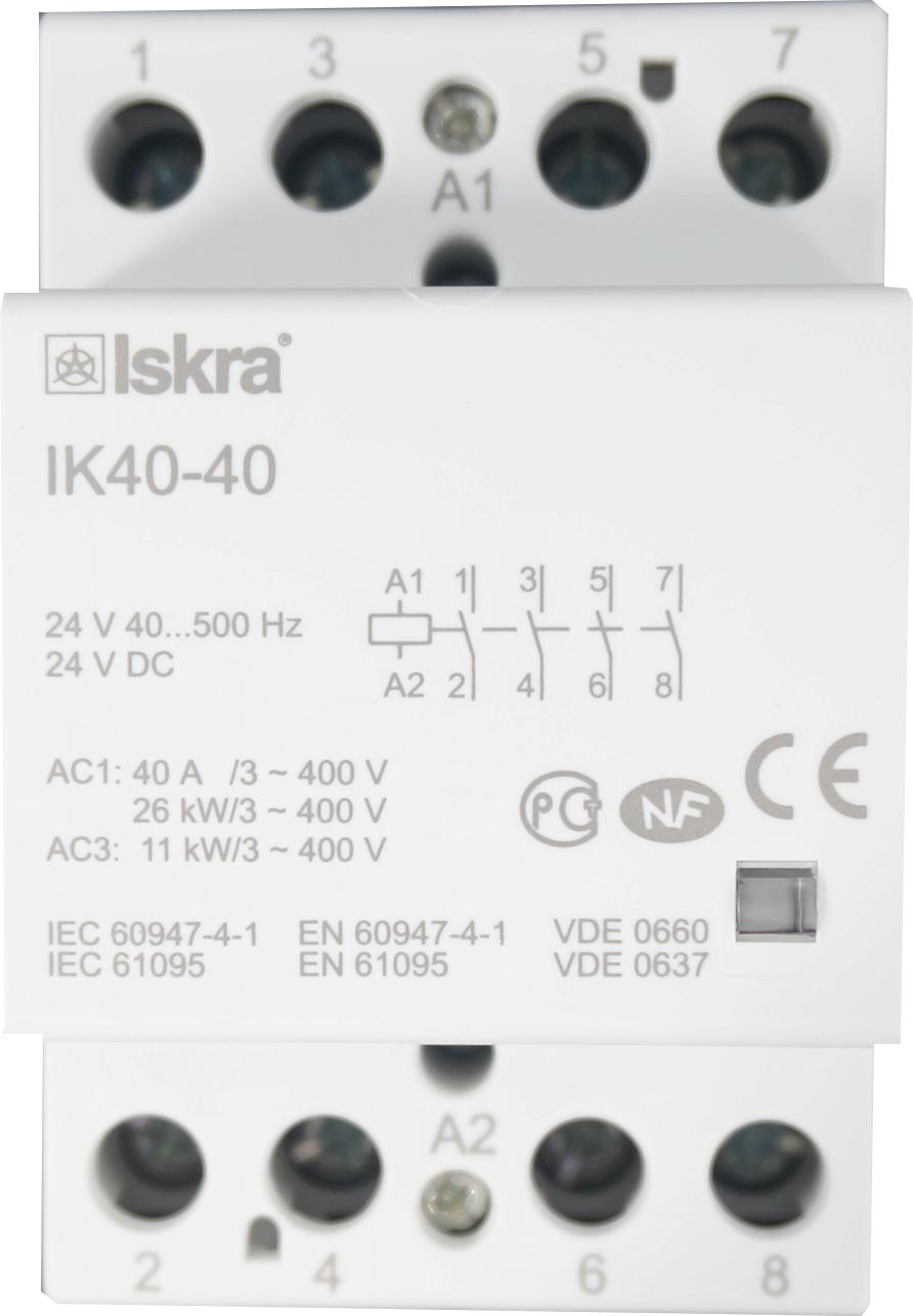 IK40-30-24VAC/DC, 3 Pole 3 x SPST NO, Modular Contactor 440VAC 40 Amp, 24VAC/DC 40-500Hz Control Voltage, Hum Free
