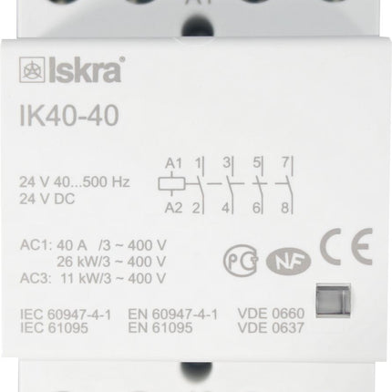 IK40-40-24VAC/DC, 4 Pole 4 x SPST NO, Modular Contactor 440VAC 40 Amp, 230VAC/220VDC 40-500Hz Control Voltage, Hum Free