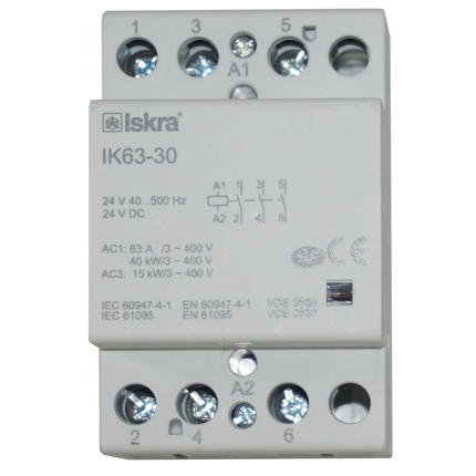 IK63-30-24VAC/DC, 3 Pole 3 x SPST NO, Modular Contactor 440VAC 63 Amp, 24VAC/DC 40-500Hz Control Voltage, Hum Free