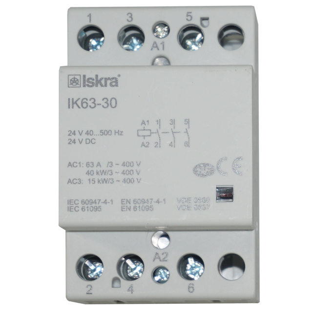 IK63-30-24VAC/DC, 3 Pole 3 x SPST NO, Modular Contactor 440VAC 63 Amp, 24VAC/DC 40-500Hz Control Voltage, Hum Free