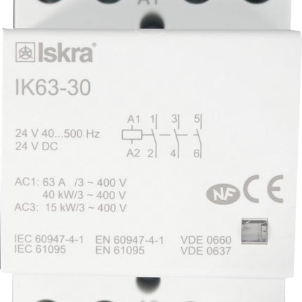 IK63-30-24VAC/DC, 3 Pole 3 x SPST NO, Modular Contactor 440VAC 63 Amp, 24VAC/DC 40-500Hz Control Voltage, Hum Free