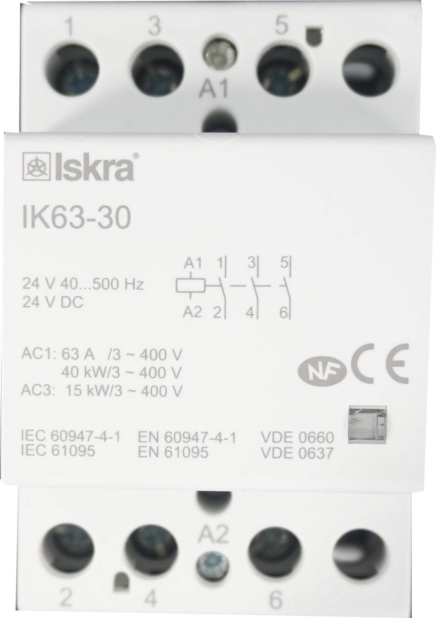 IK63-30-24VAC/DC, 3 Pole 3 x SPST NO, Modular Contactor 440VAC 63 Amp, 24VAC/DC 40-500Hz Control Voltage, Hum Free