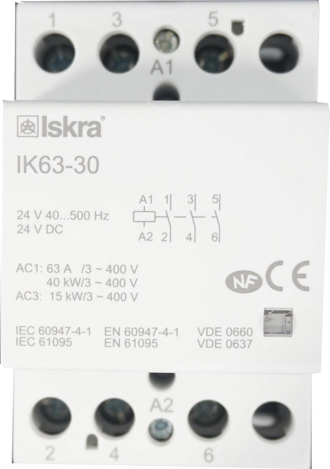 IK63-30-24VAC/DC, 3 Pole 3 x SPST NO, Modular Contactor 440VAC 63 Amp, 24VAC/DC 40-500Hz Control Voltage, Hum Free