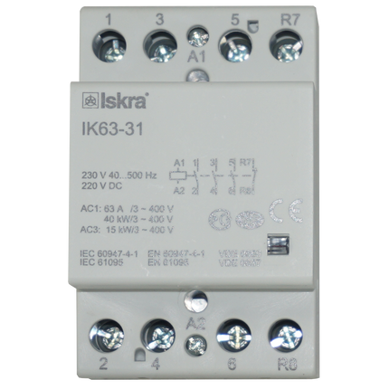 IK63-31-230VAC, 3 Pole 3 x SPST NO, 1 x SPST NC Modular Contactor 440VAC 63 Amp, 230VAC/220VDC Control Voltage
