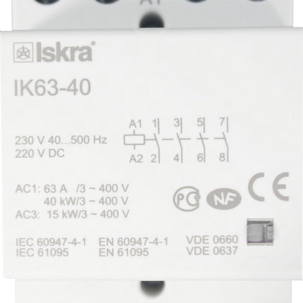 IK63-40-230VAC, 4 Pole 4 x SPST NO, Modular Contactor 440VAC 63 Amp, 230VAC/220VDC 40-500Hz Control Voltage, Hum Free