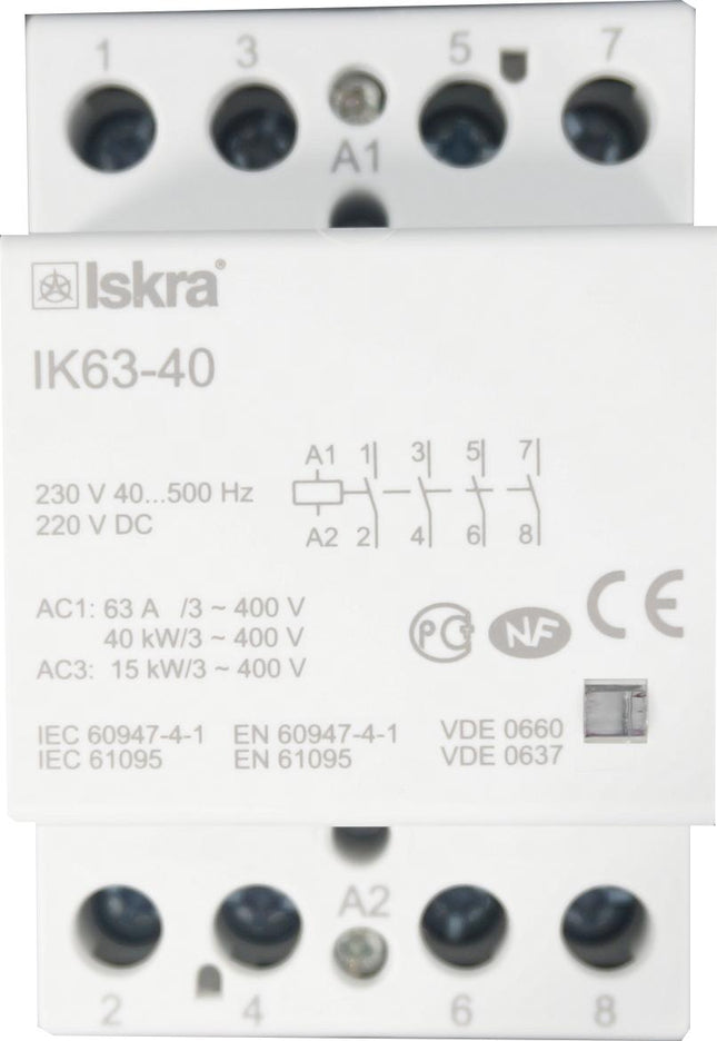 IK63-40-230VAC, 4 Pole 4 x SPST NO, Modular Contactor 440VAC 63 Amp, 230VAC/220VDC 40-500Hz Control Voltage, Hum Free