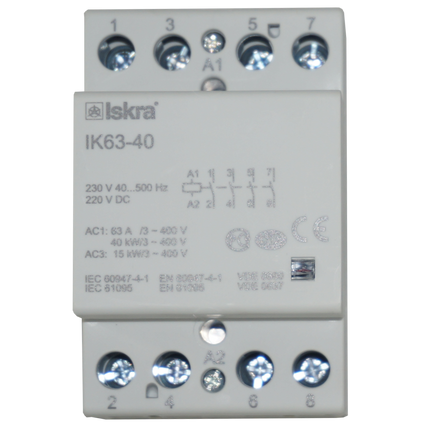 IK63-40-230VAC, 4 Pole 4 x SPST NO, Modular Contactor 440VAC 63 Amp, 230VAC/220VDC 40-500Hz Control Voltage, Hum Free