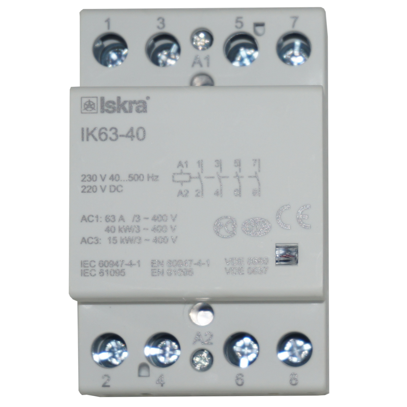 IK63-40-230VAC, 4 Pole 4 x SPST NO, Modular Contactor 440VAC 63 Amp, 230VAC/220VDC 40-500Hz Control Voltage, Hum Free