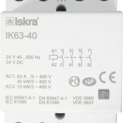 IK63-40-24VAC/DC, 4 Pole 4 x SPST NO, Modular Contactor 440VAC 63 Amp, 24VAC/DC 40-500Hz Control Voltage, Hum Free